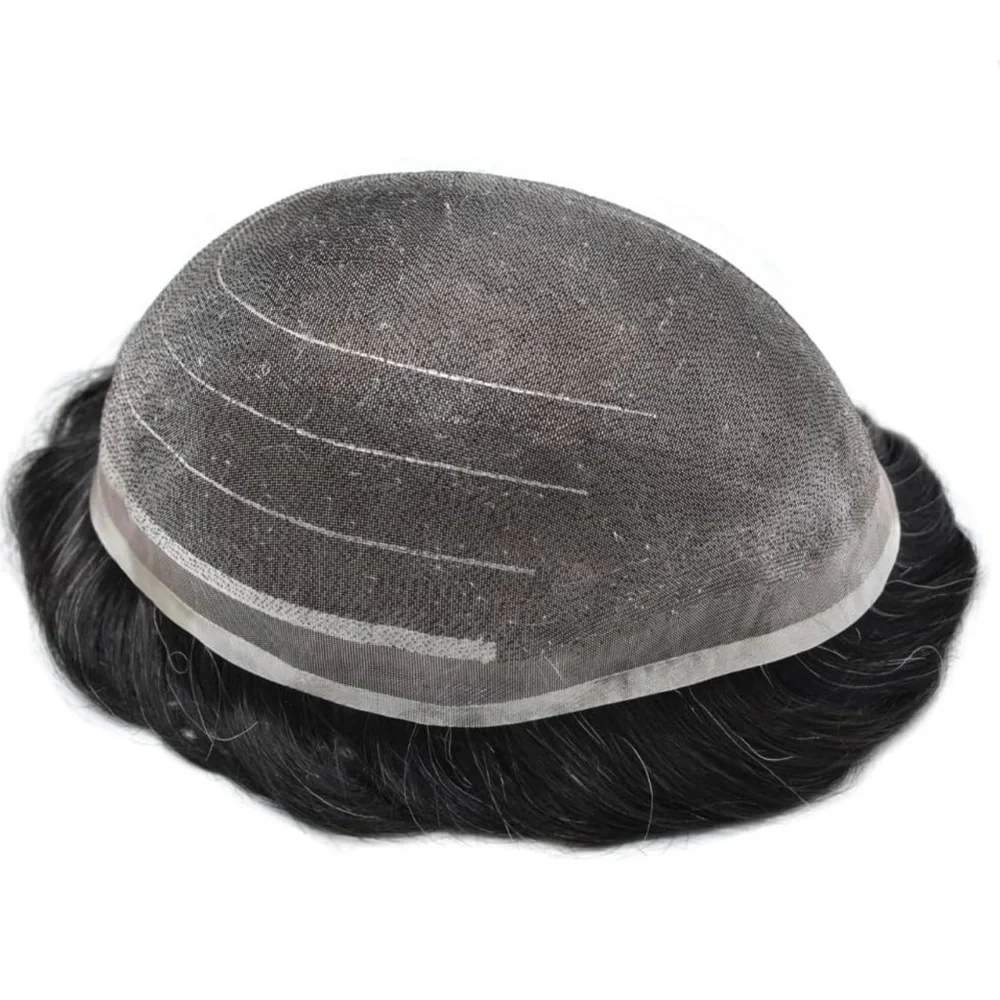 HUMAN HAIR Men’s Hairpiece Breathable Off Black 10% gray hair 100% density